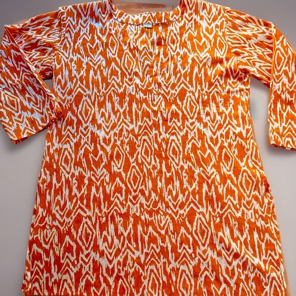 Women’s Tropical Orange + White Patterned Tunic, Light Tissue Cotton Size: L - Picture 6 of 12